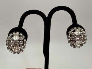 Vintage 1950s GALE Rhinestone Clip On Earrings Clear Crystal Emerald Cut Stateme